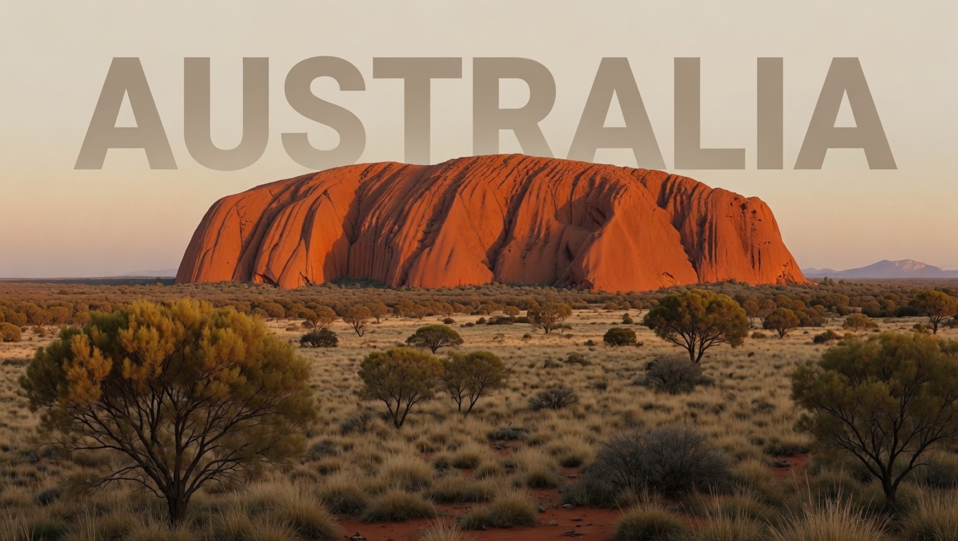 Australia, red desert landscape with Uluru at sunset